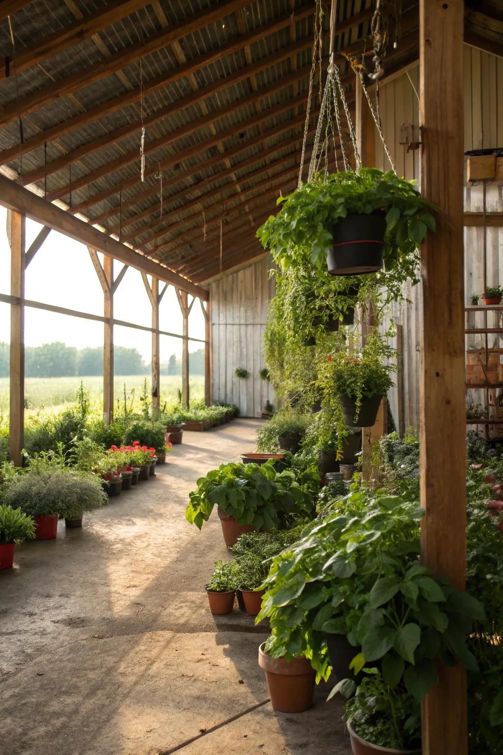 An indoor garden inside a pole barn, showcasing potted plants and suspended greenery.
