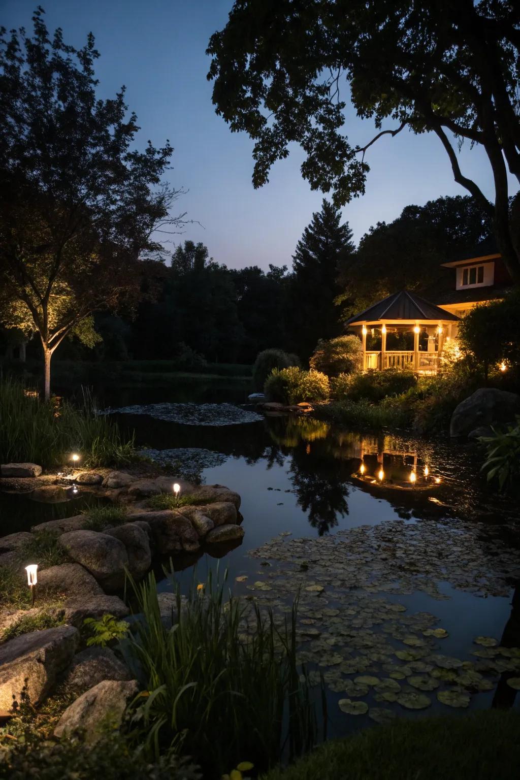 Subtle lighting turns a pond into an enchanting haven as evening falls, providing a magical escape.
