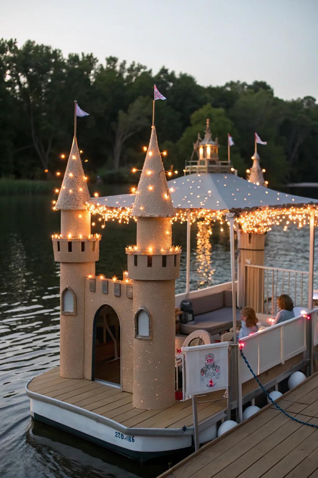 A fable palace-themed pontoon boat boasting enchanting spires.