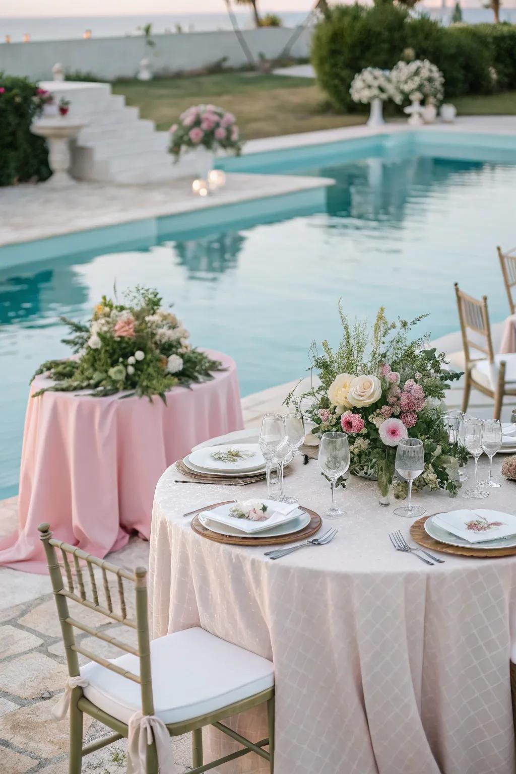 A chic table display beside the pool, elevating the party ambiance.