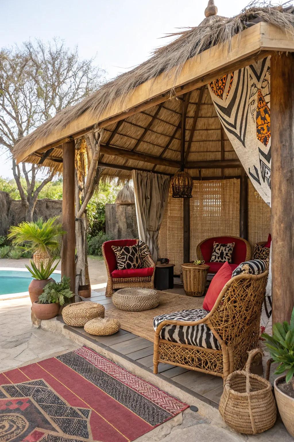 A safari hideaway cabana with adventurous animal print decor.