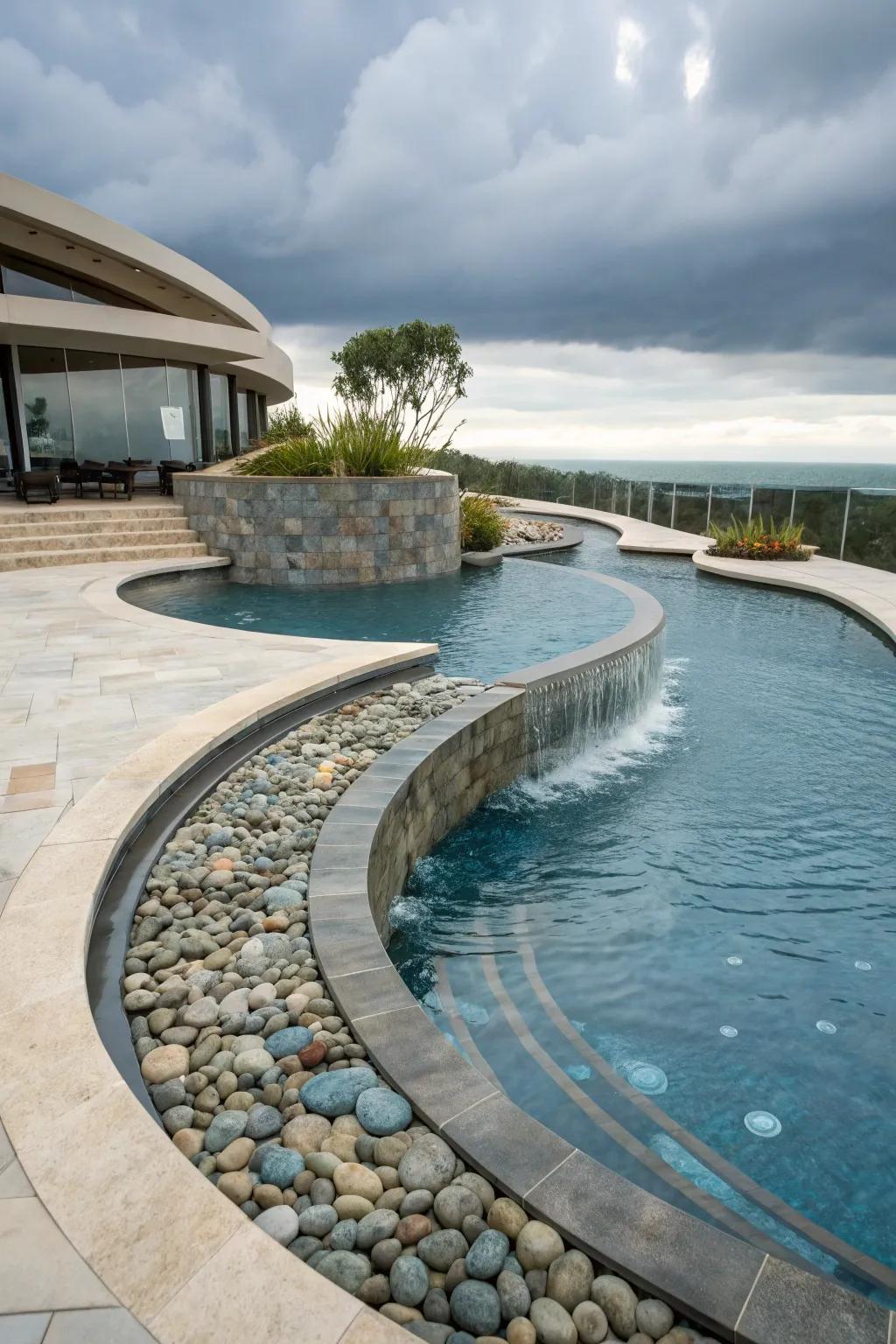 Curved edging designs apply a dynamic flow to pool borders.