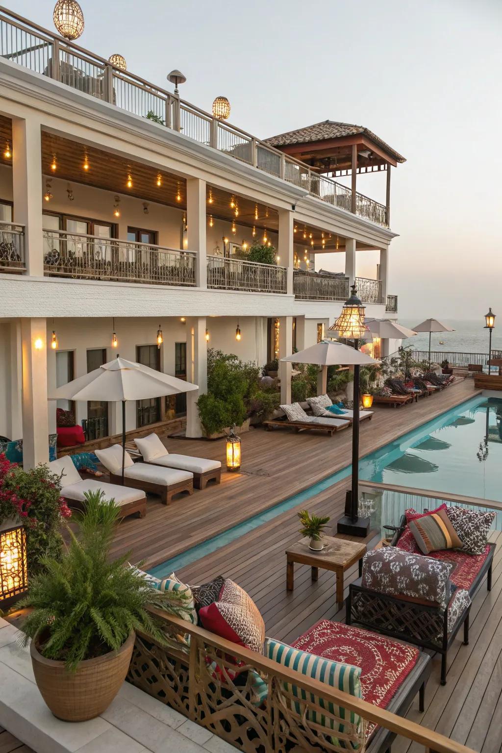 Tiered decking adds dimension and maximizes space around your pool.