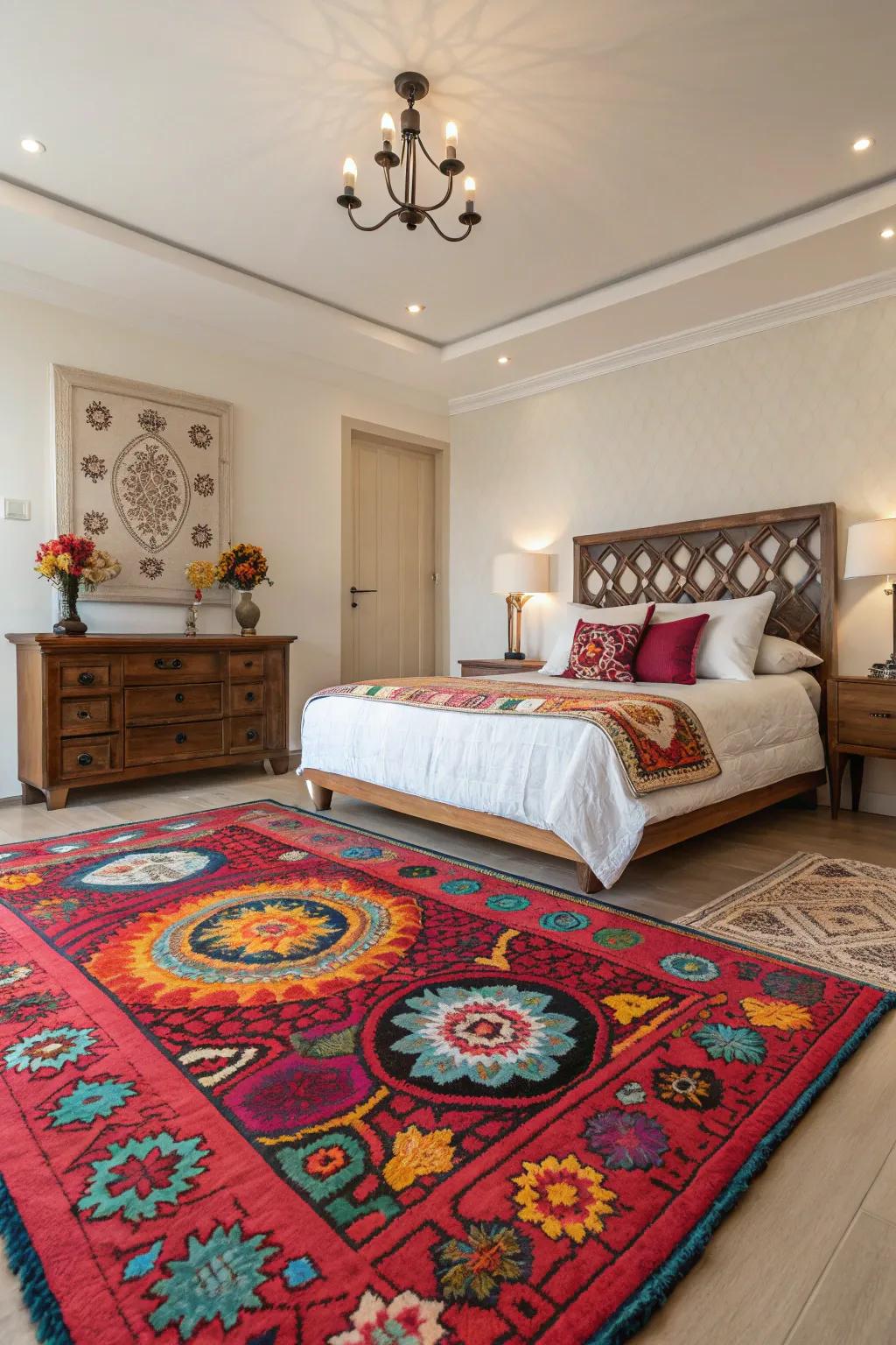 A striking rug anchors the design.