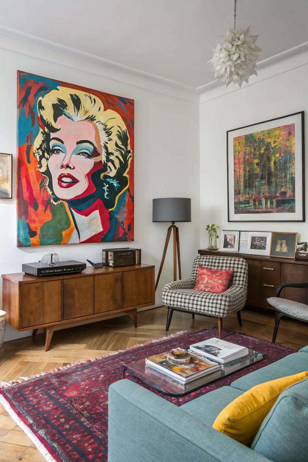 A vibrant fusion of abstract expressionism and pop art produces a dynamic piece.