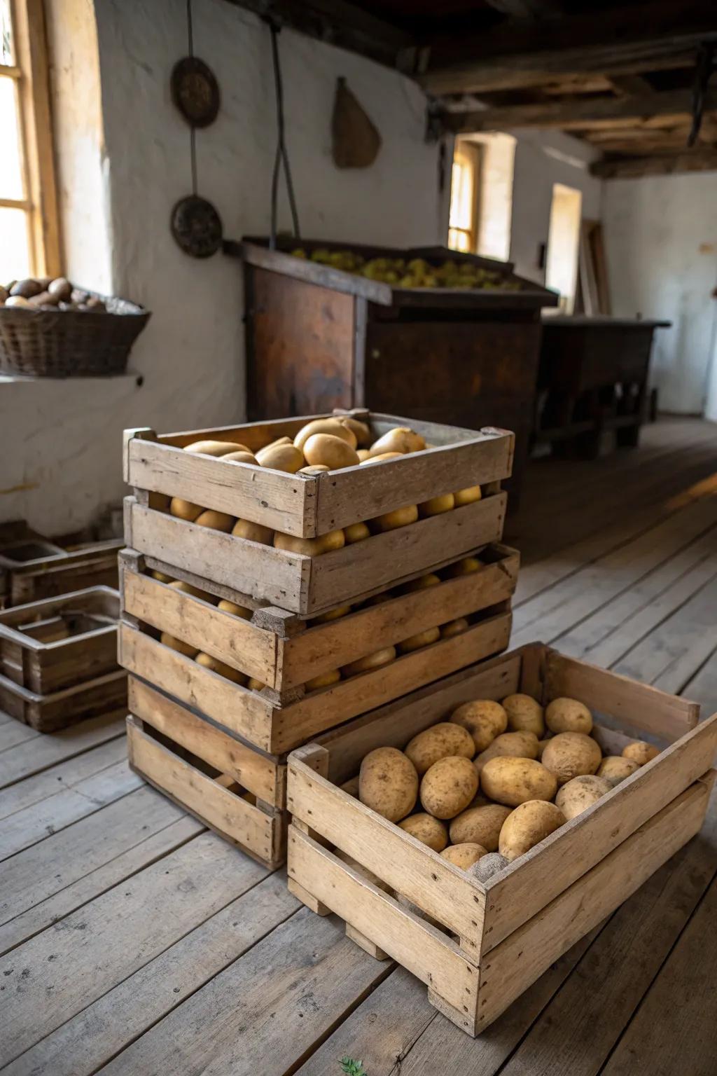 Wood boxes add rustic charm to potato storage.