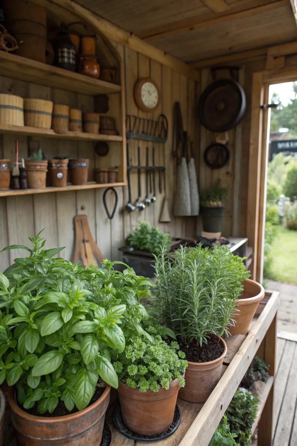 A potting shed presenting a fragrant herb spot.