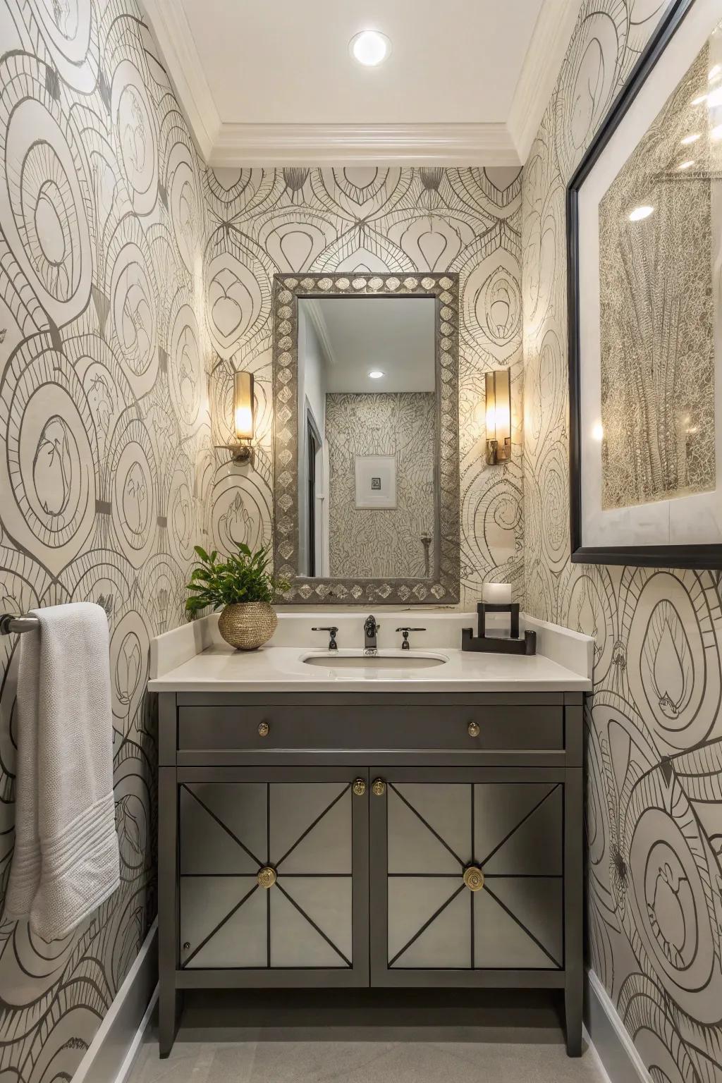 Energetic line work introduces energy and fluidity into your guest bath.