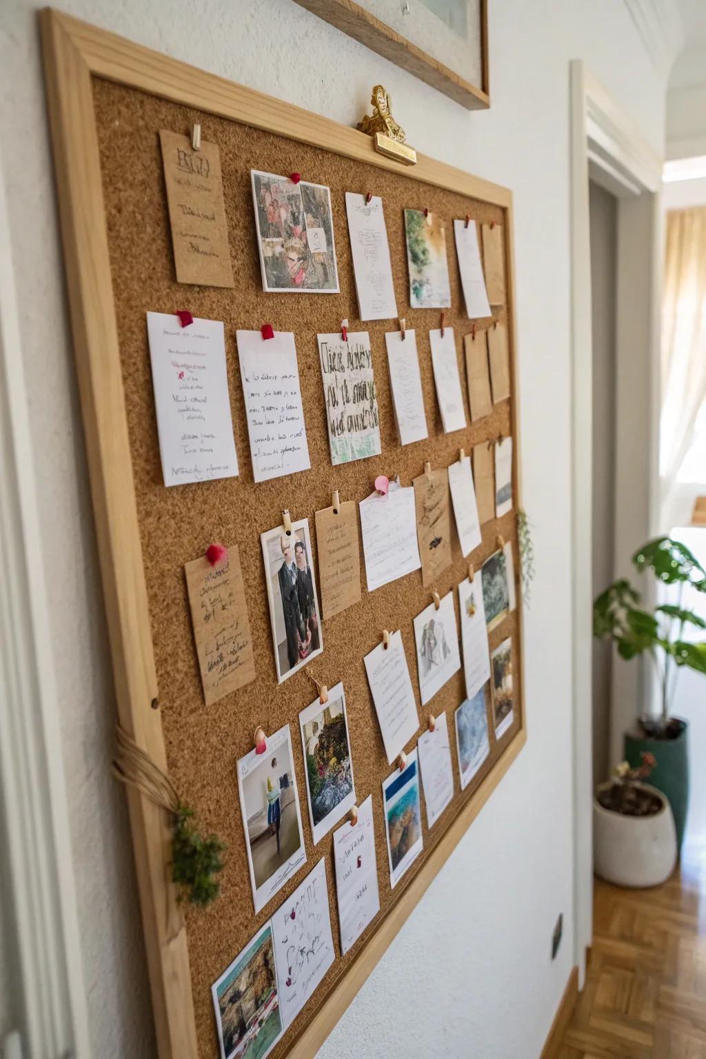 A corkboard prayer wall covered with pinned scriptures and personal photos.
