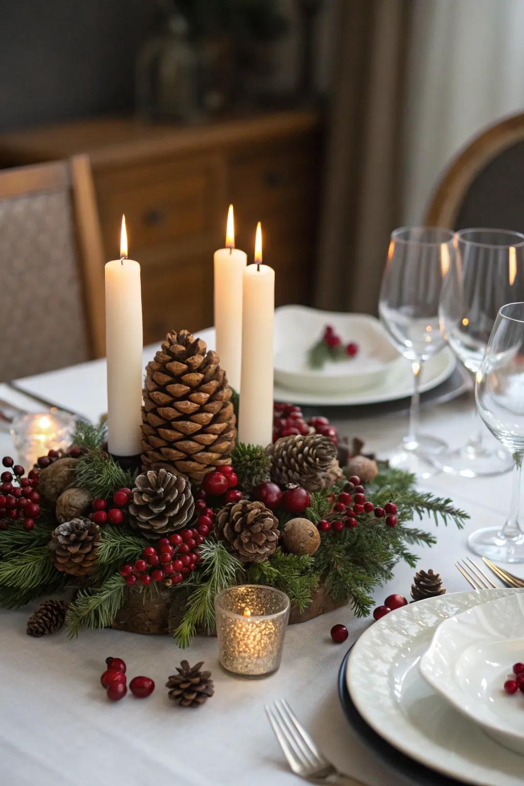 A sophisticated table focus with seasonal elements creates an inviting table setting.