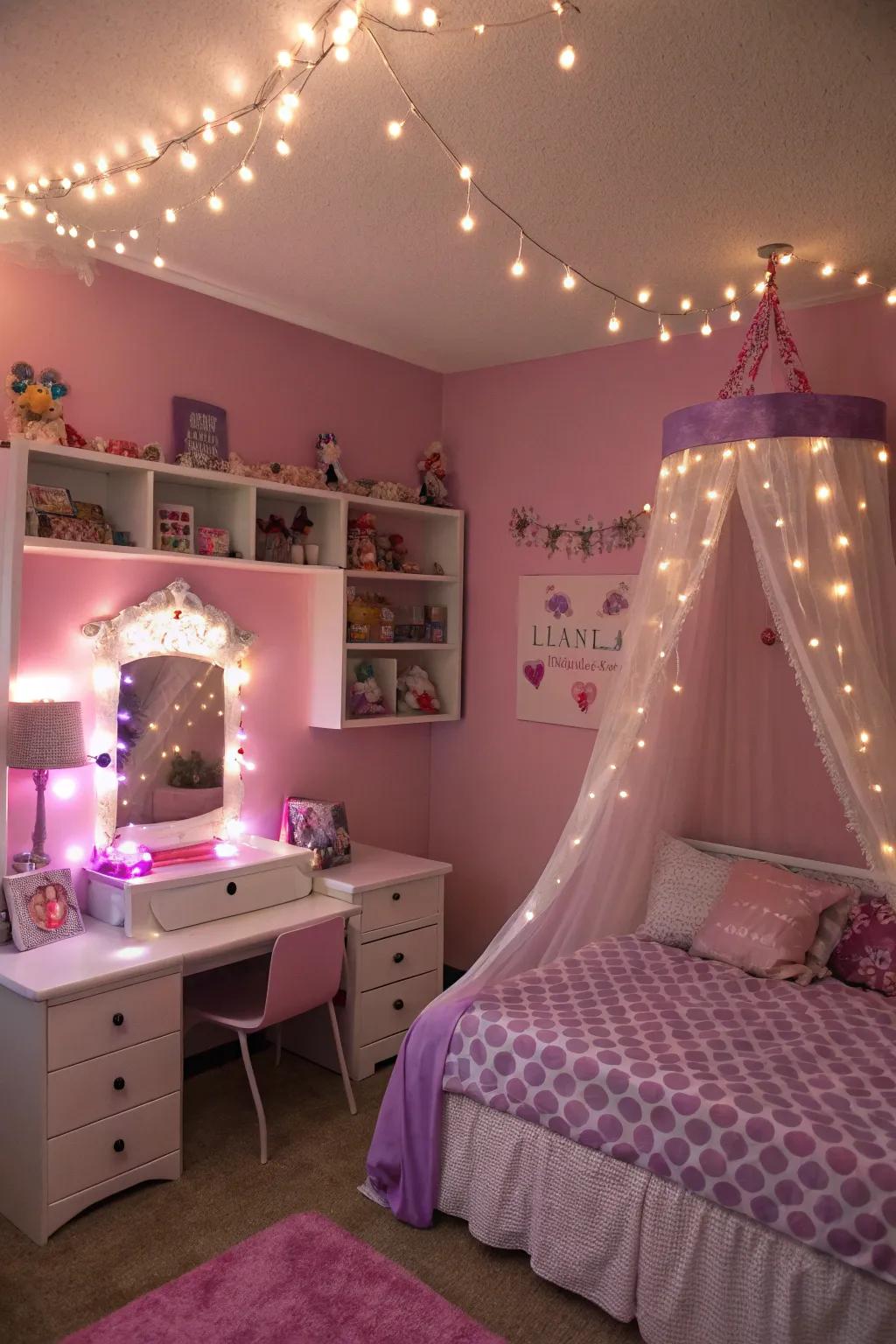 Fairy beams add a magical glow to the room.