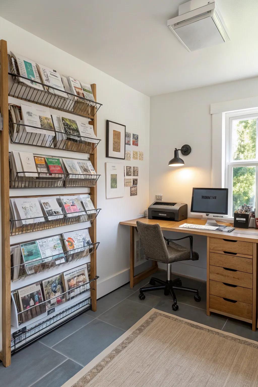 Wall-mounted racks offer a modern and space-efficient paper storage solution.