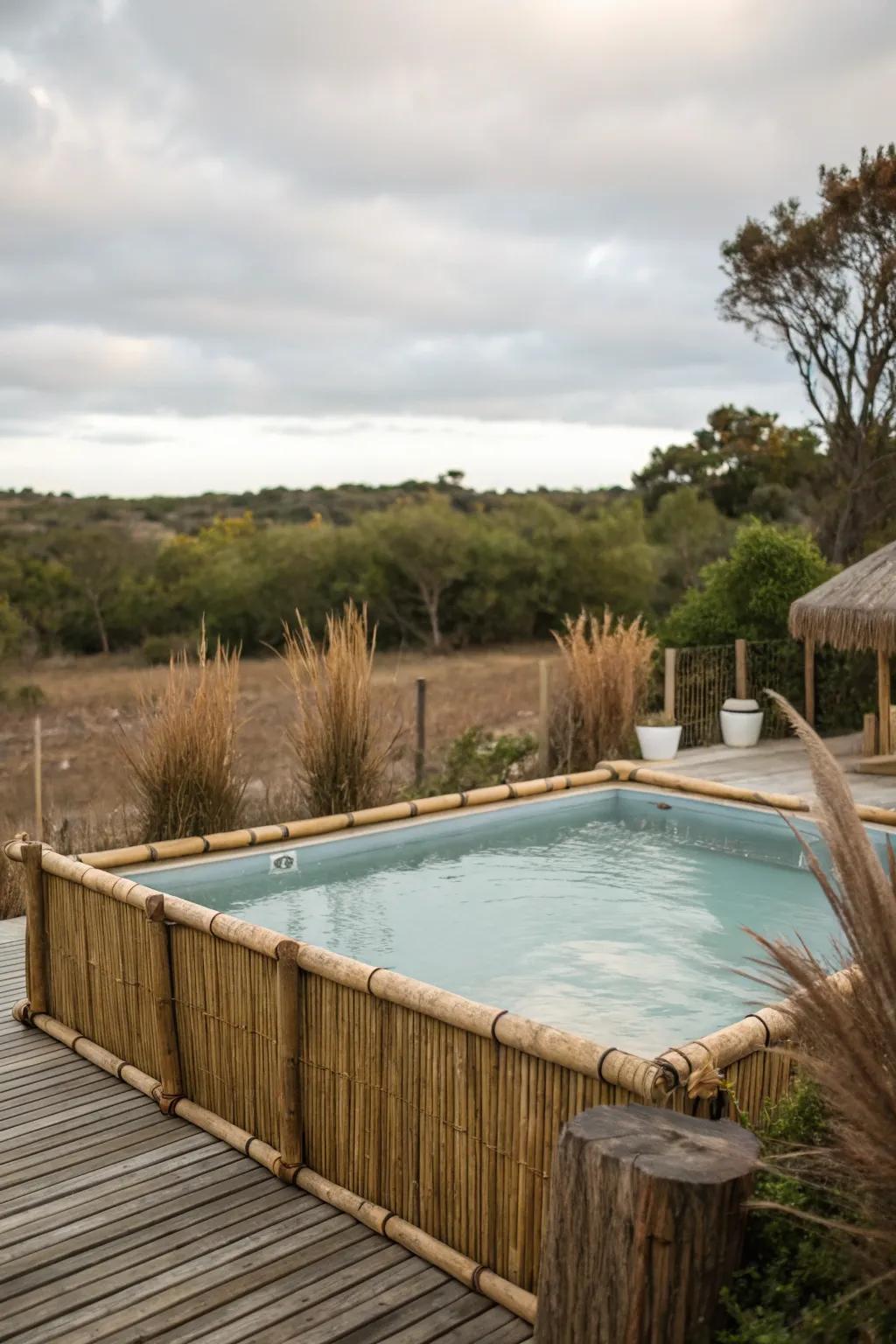 Natural cane partitions add rustic charm and natural privacy.