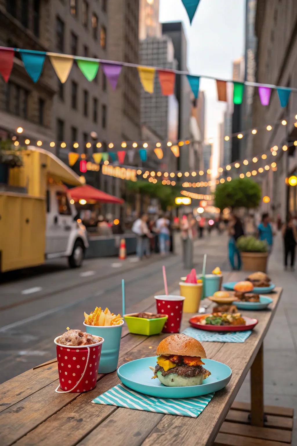A dining setup inspired by food stalls, featuring street food dishes and playful décor.