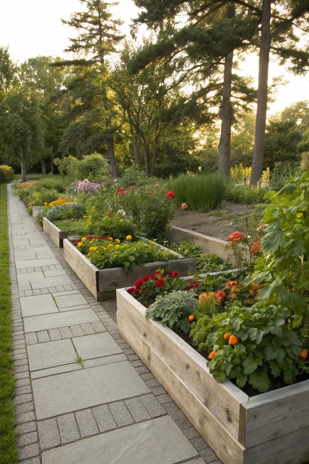 Planters and raised beds marking property lines.