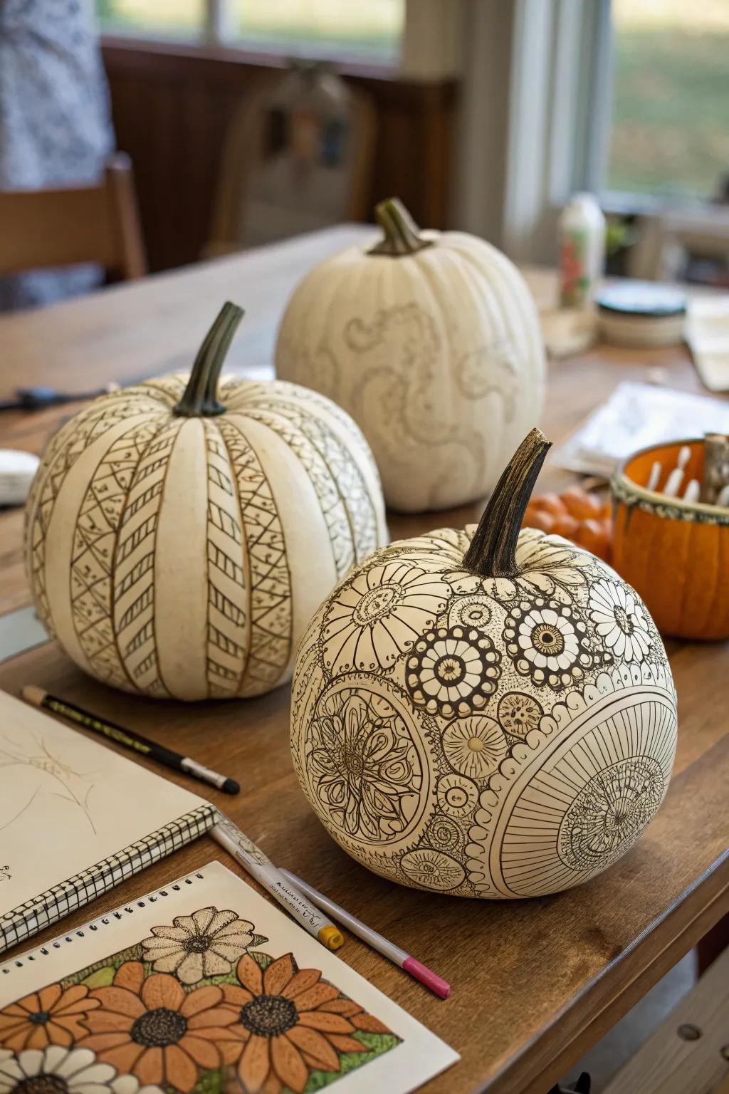 Zentangle pumpkins demonstrating intricate design work.