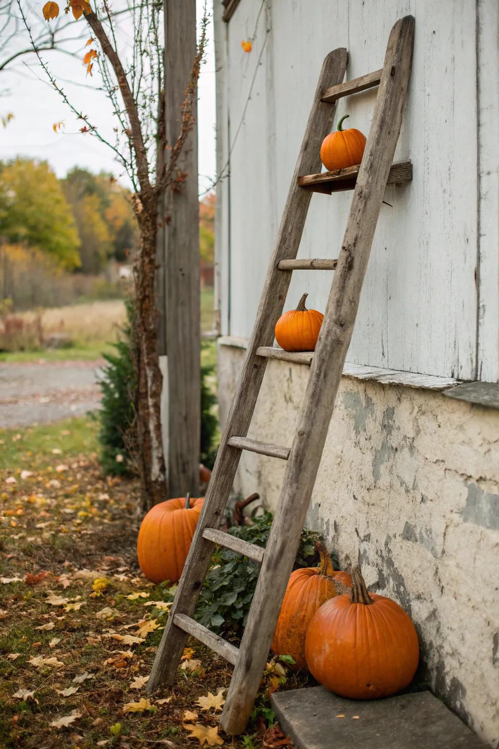 A rustic tier display featuring pumpkins on each step.