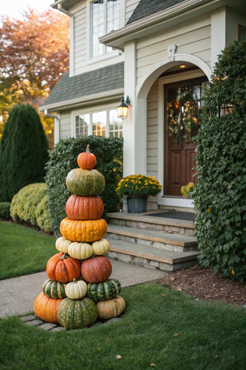 The layered pumpkin display enhances your outdoor decor with stature and intrigue.