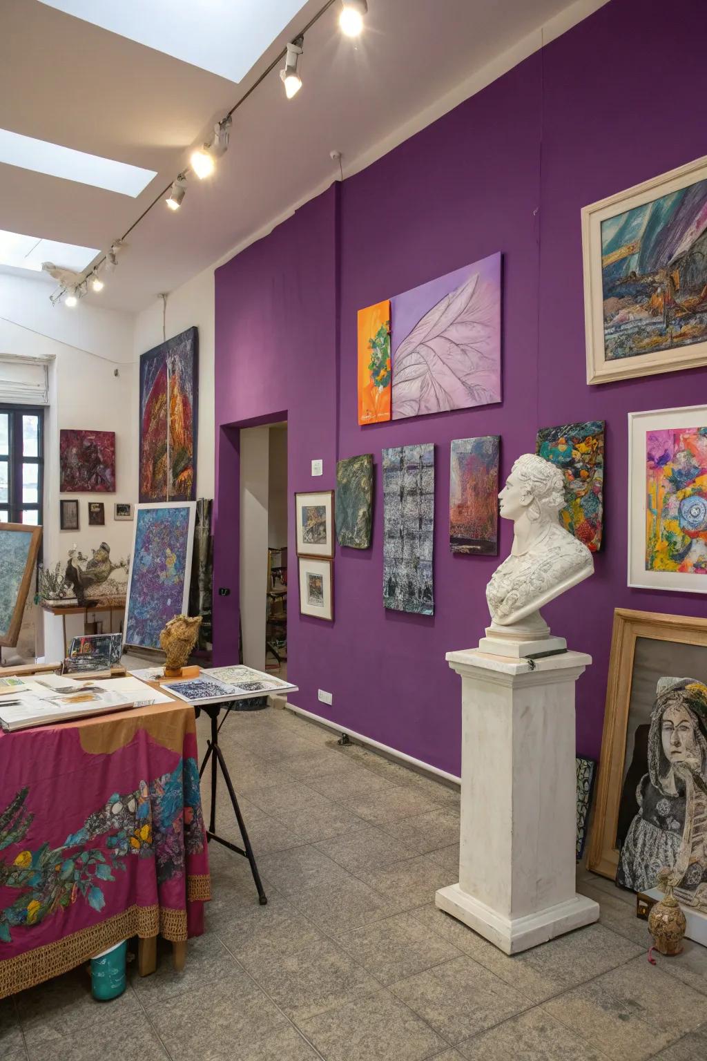 An art space brought to life with purple walls and vibrant artwork.