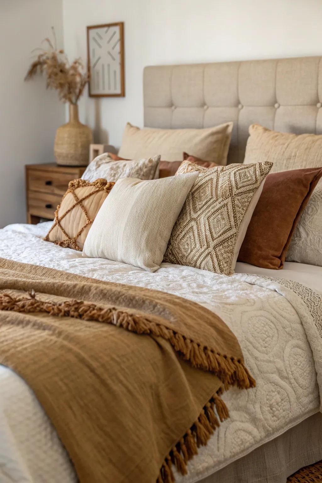 Earthy tones and organic textures evoke a natural, rustic charm in these pillow arrangements.