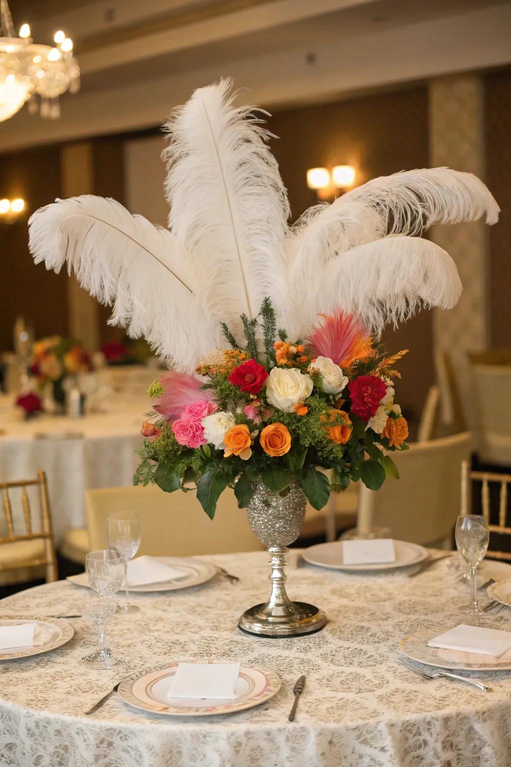 Feathers provide an elegant and opulent addition to centerpieces.
