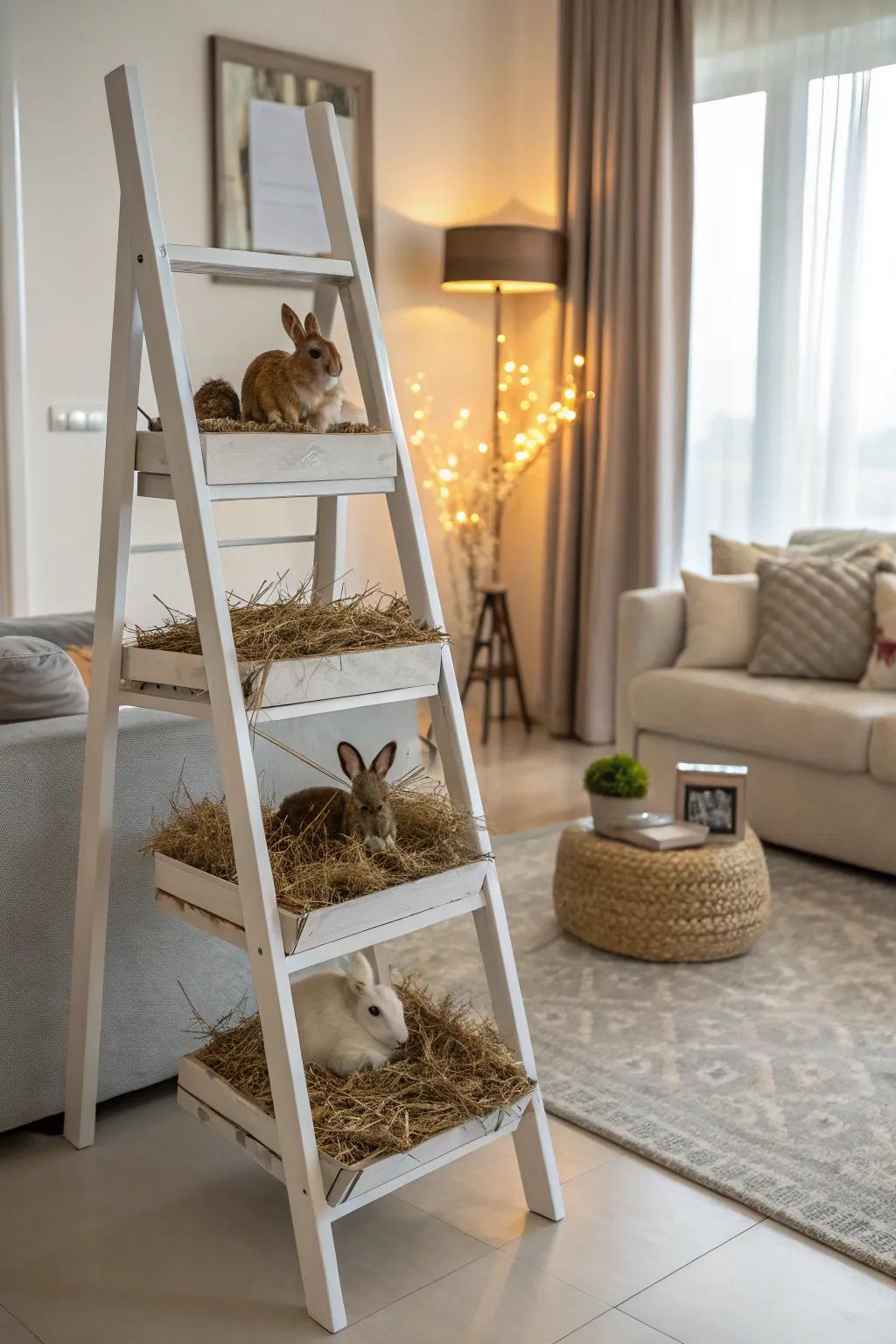 A ladder shelf is ingeniously used for storing rabbit hay.