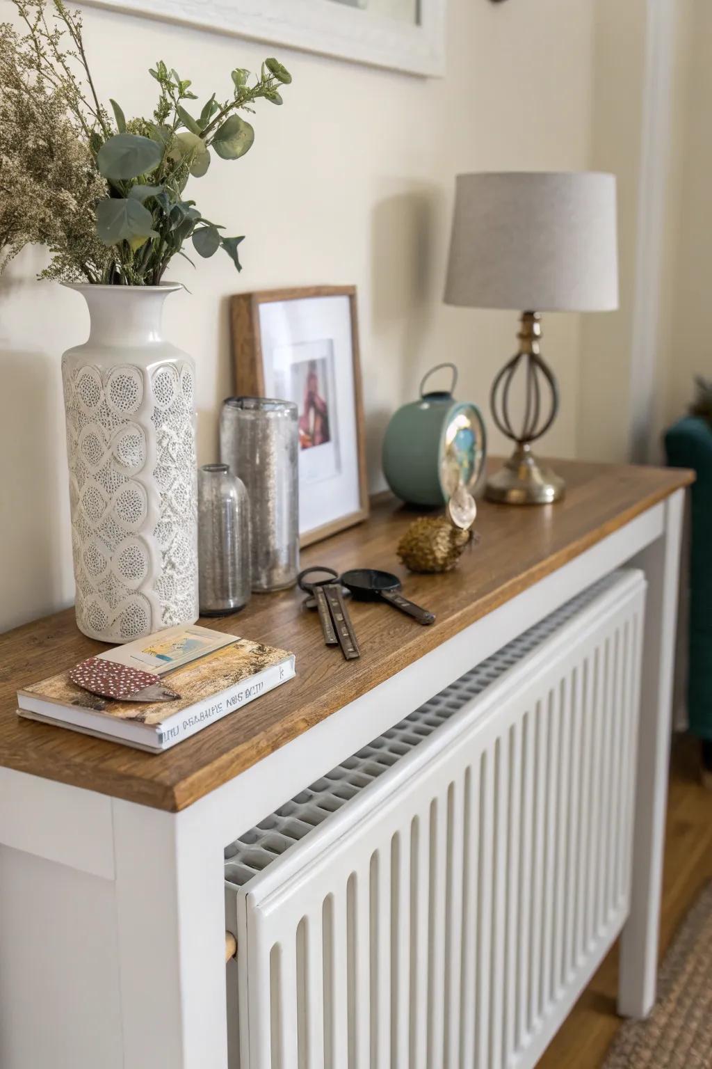A radiator shelf can cleverly double as a chic and functional console table.
