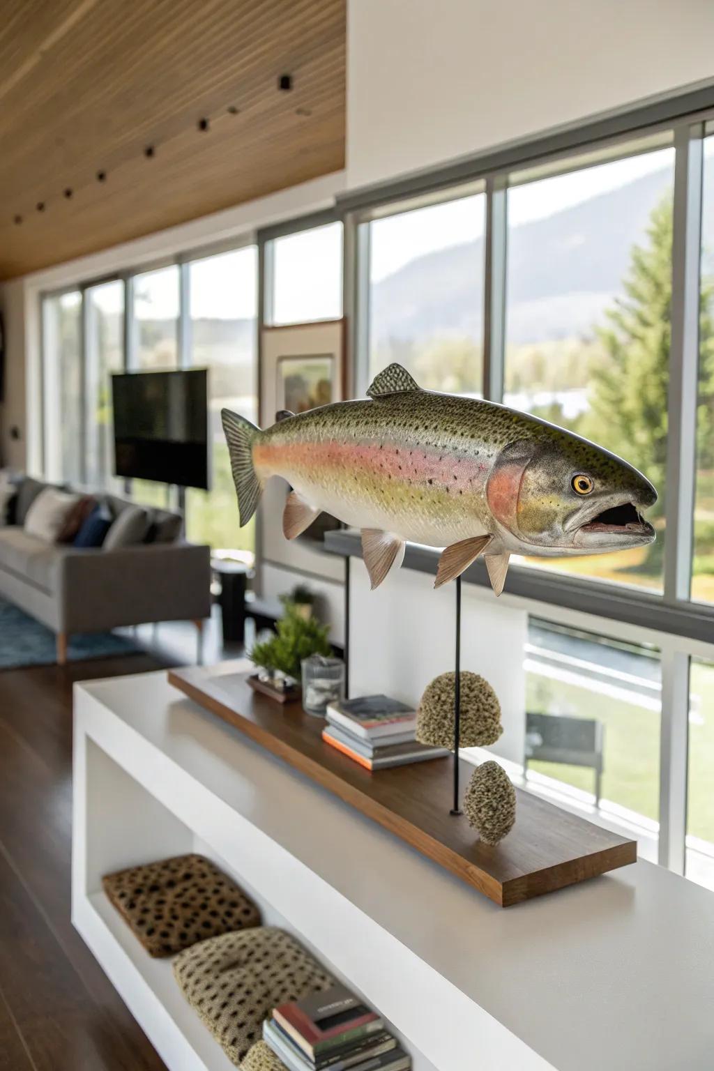 A wall shelf offers a modern, versatile approach to displaying a rainbow trout.