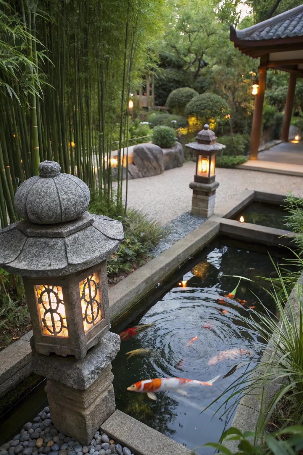 A tranquil Japan-style raised koi pond portraying tranquility.
