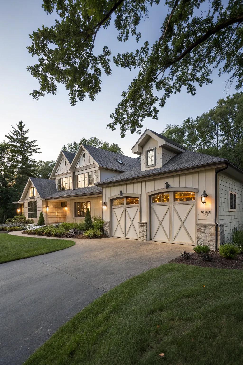 Eye-catching carriage-style garage portals on a raised ranch residence.