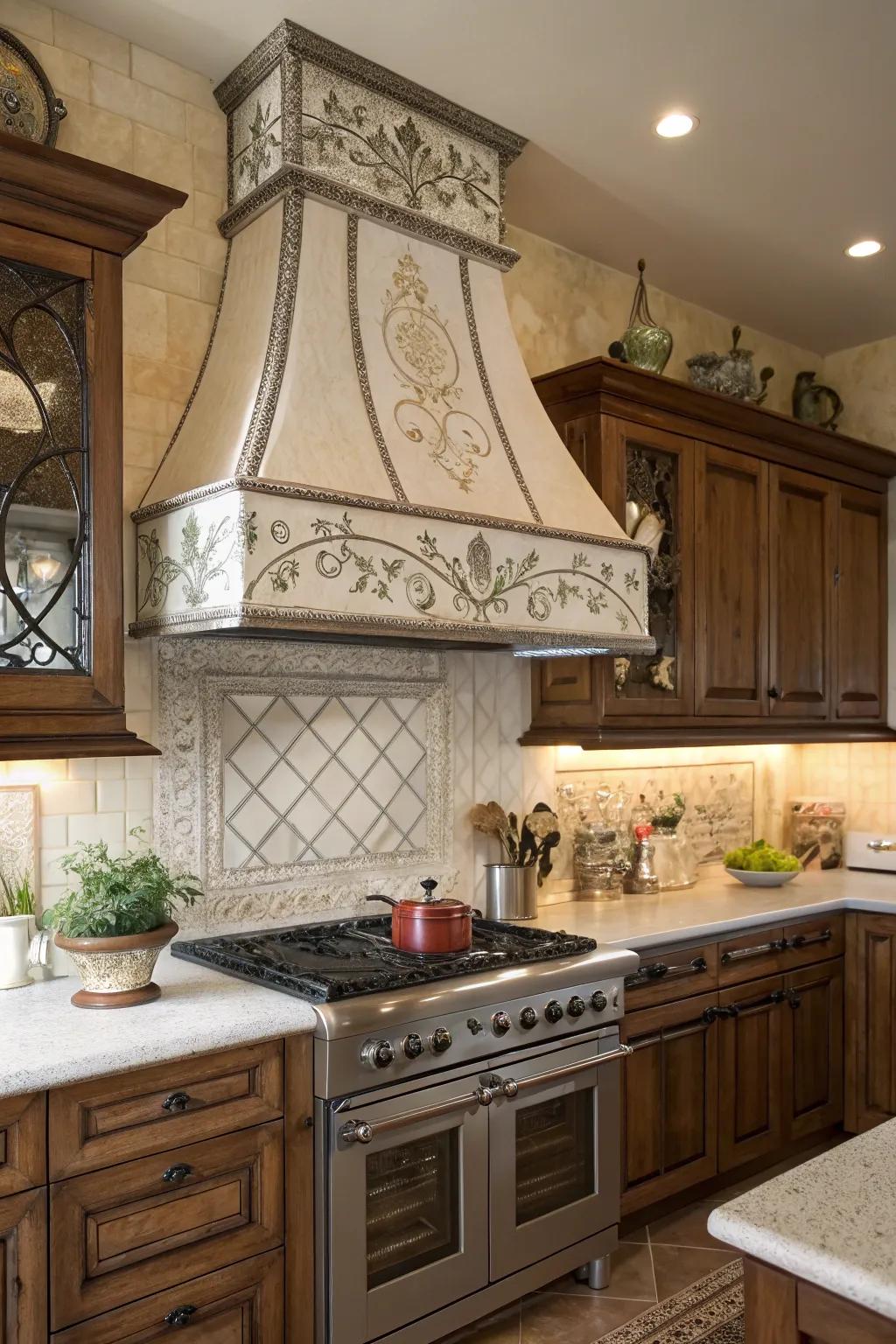 A nostalgic-inspired range hood creates a nostalgic kitchen ambiance.