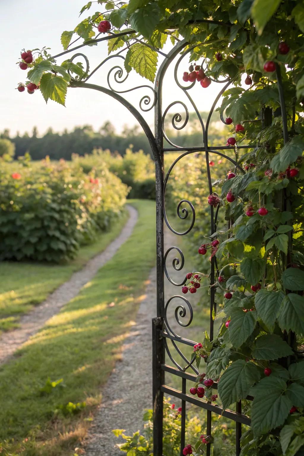 An iron trellis adorned with ornamental elements accentuates horticultural aesthetics.