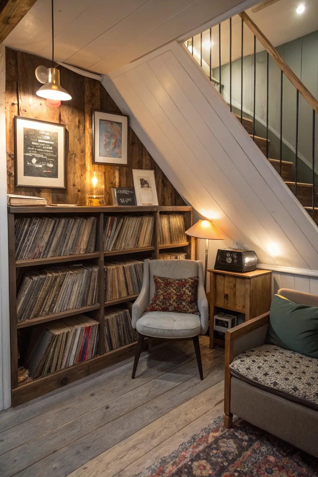 Under-the-stairs spaces can become charming record nooks.