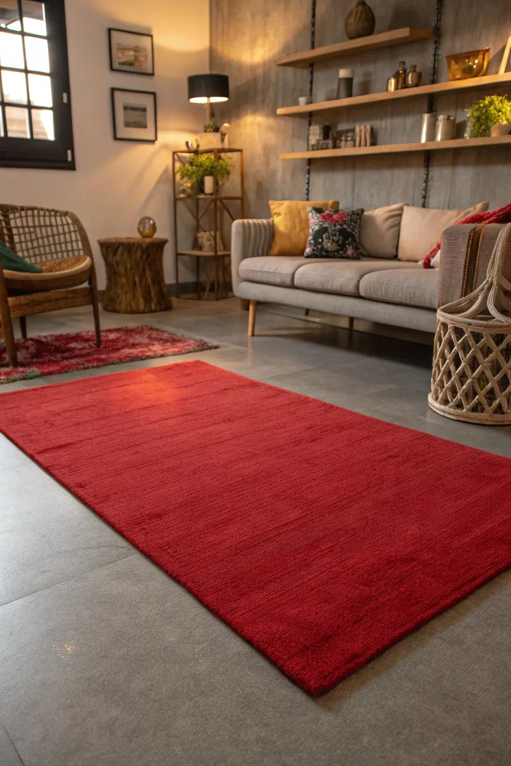 A crimson rug adding warmth to a grey floor.