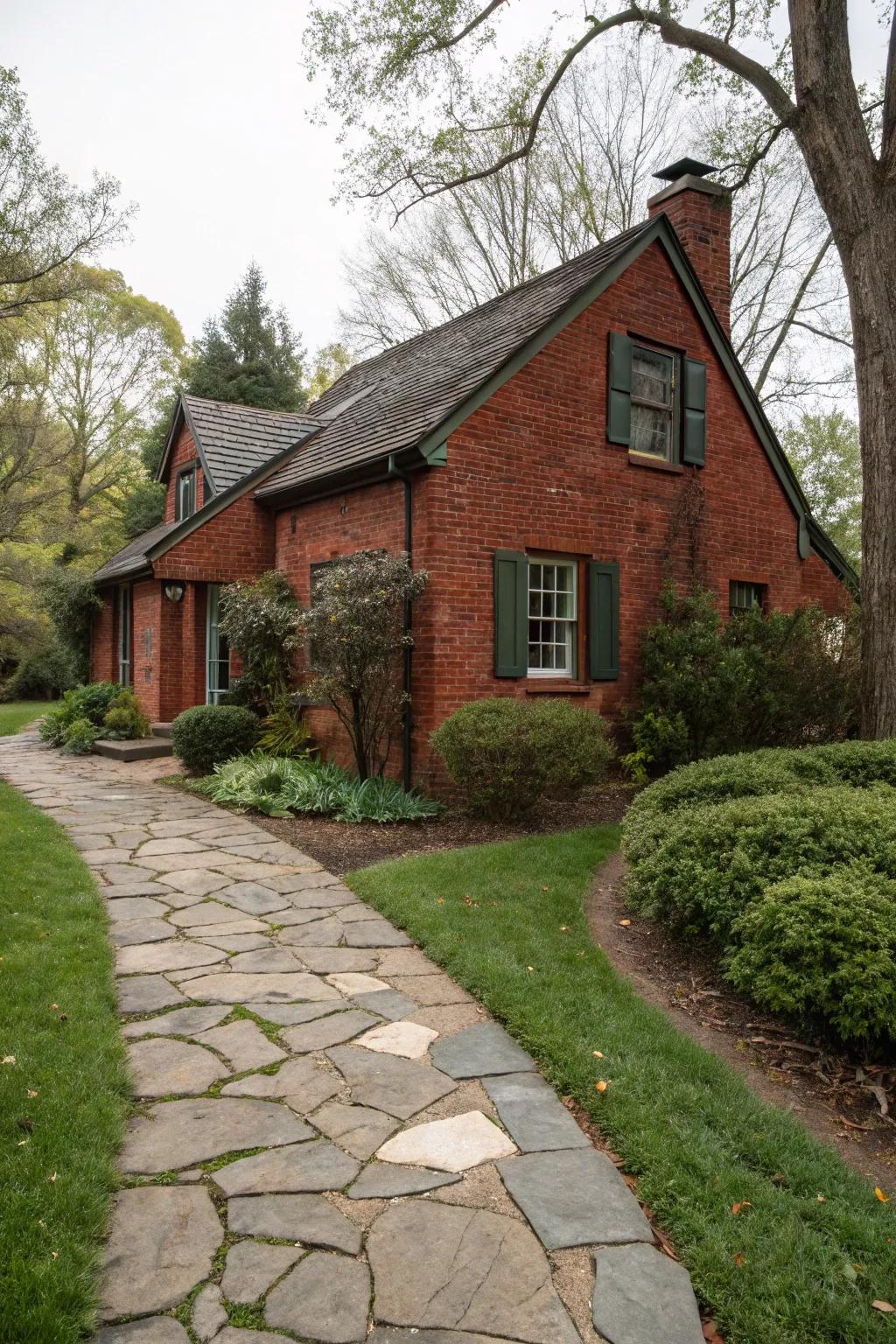 An inviting stone route complementing this red brick home.