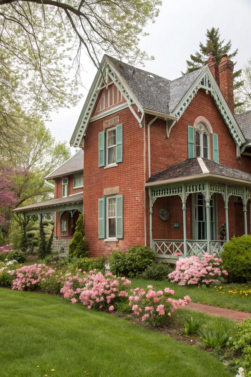 Gentle-colored trim adds a soft and whimsical touch to red brick exteriors.