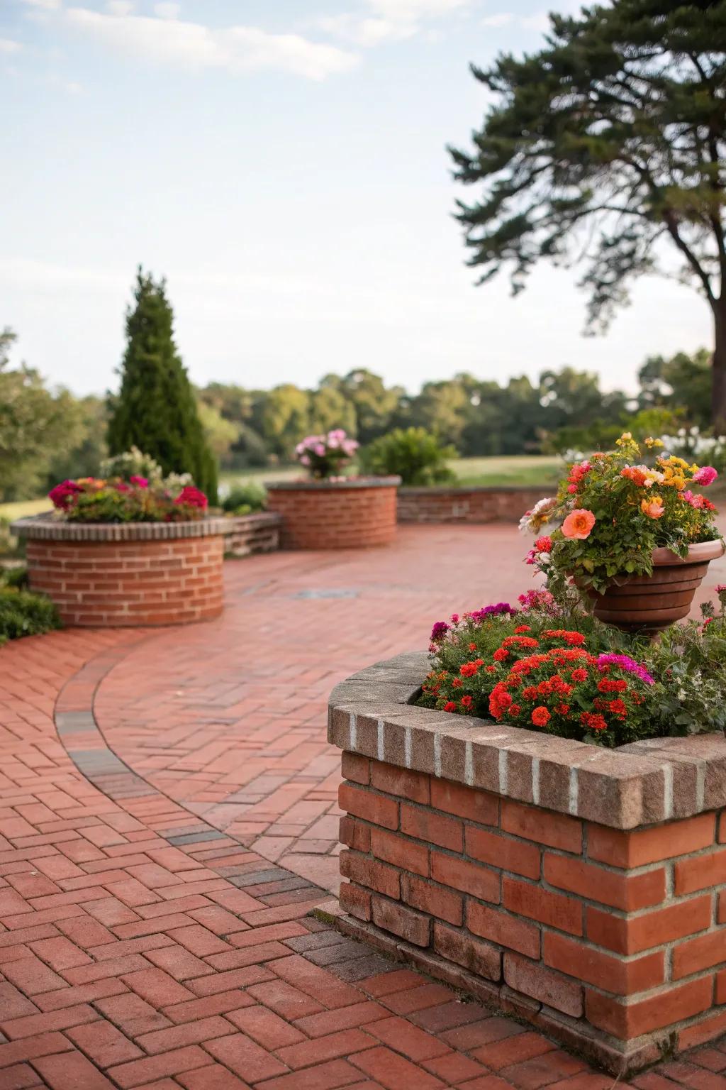 A red brick patio displaying elegant brick containers