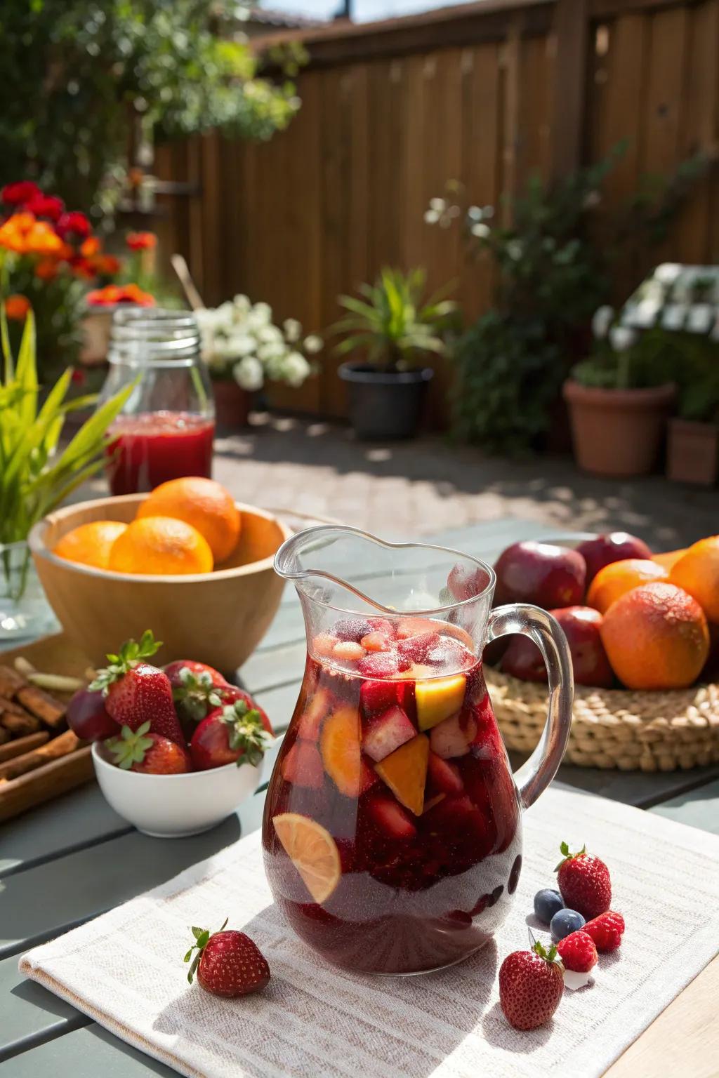 Red sangria with fresh fruits makes a festive drink for celebrations.