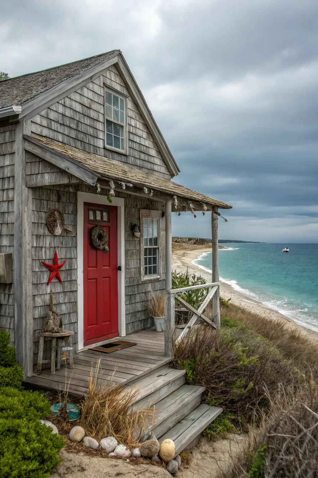Coastal home with a crimson door, embodying seaside charm.