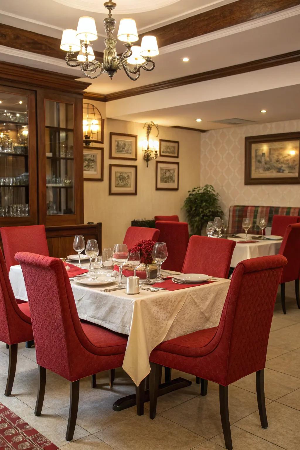 A dining space where rouge-themed decor sets the stage for lively gatherings.