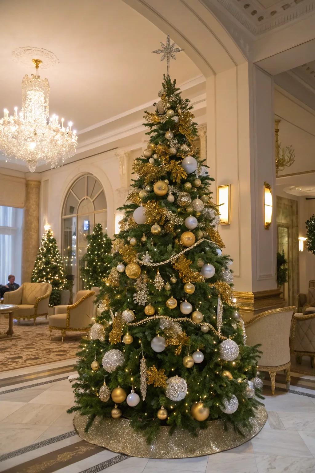 A gilded and snow white wreath introducing glamour to the festive tree.
