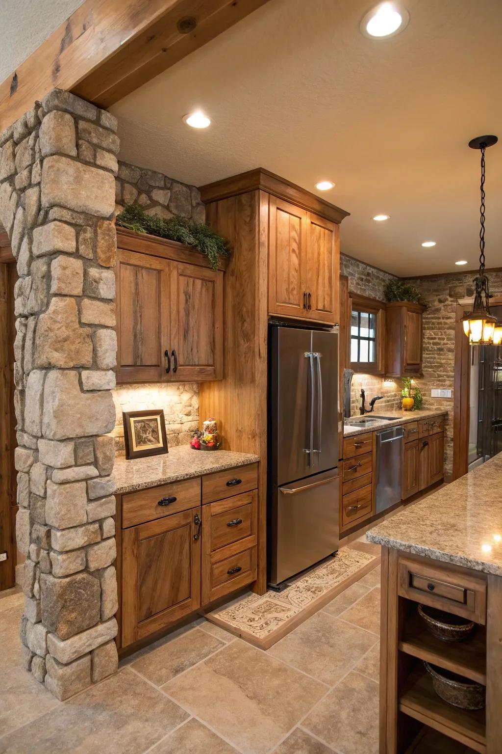 Natural materials surrounding the refrigerator enrich the kitchen with depth and warmth.
