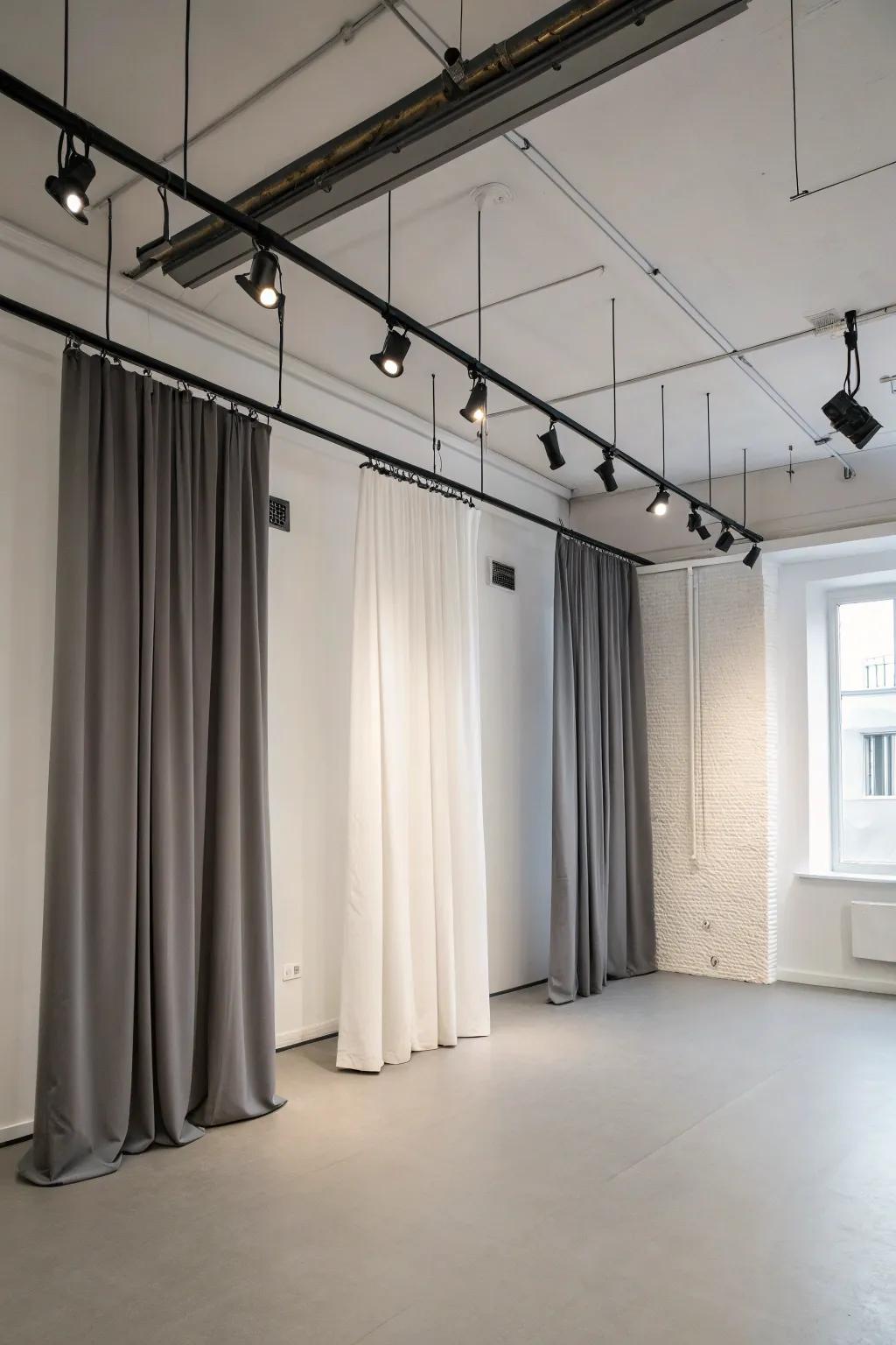 Cable wire systems provide a sleek, modern vibe to drape hanging.