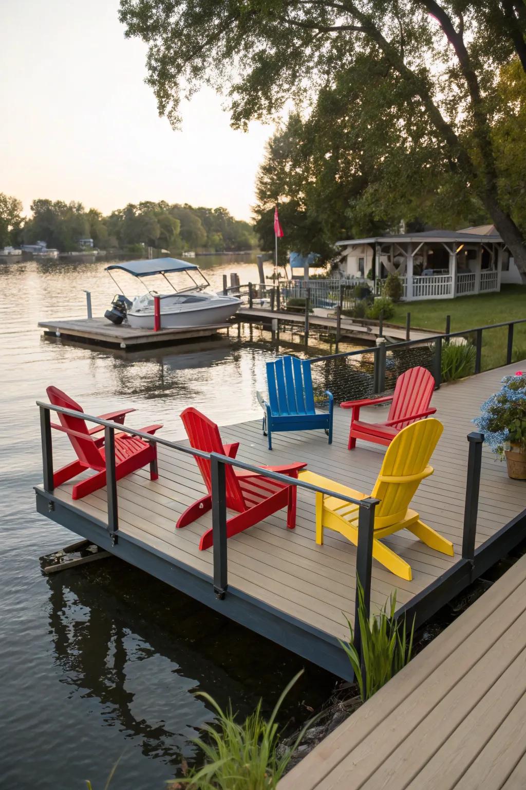 A dock with varied seating arrangements that welcome relaxation.
