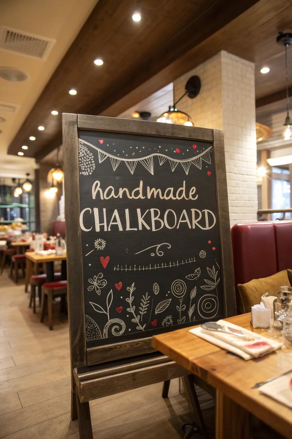 A chalkboard reflecting a handmade aesthetic, adding a personalized touch to the bistro.