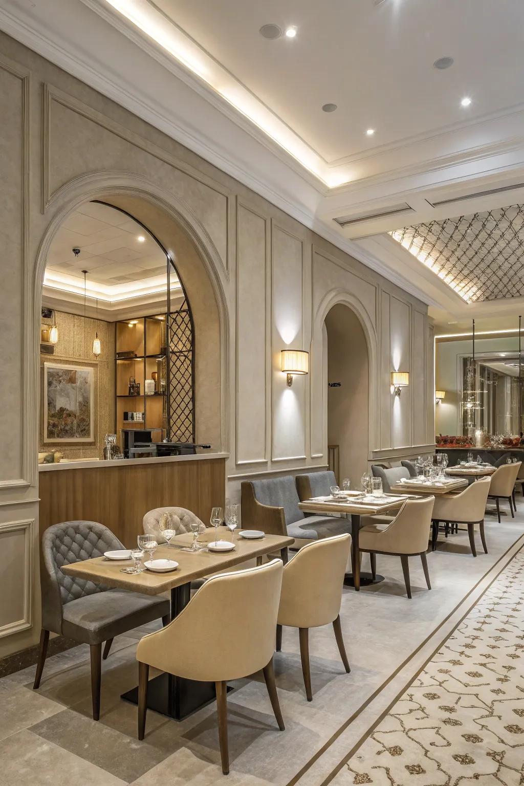 An airy restaurant bathed in understated neutral tones, a haven of calm.