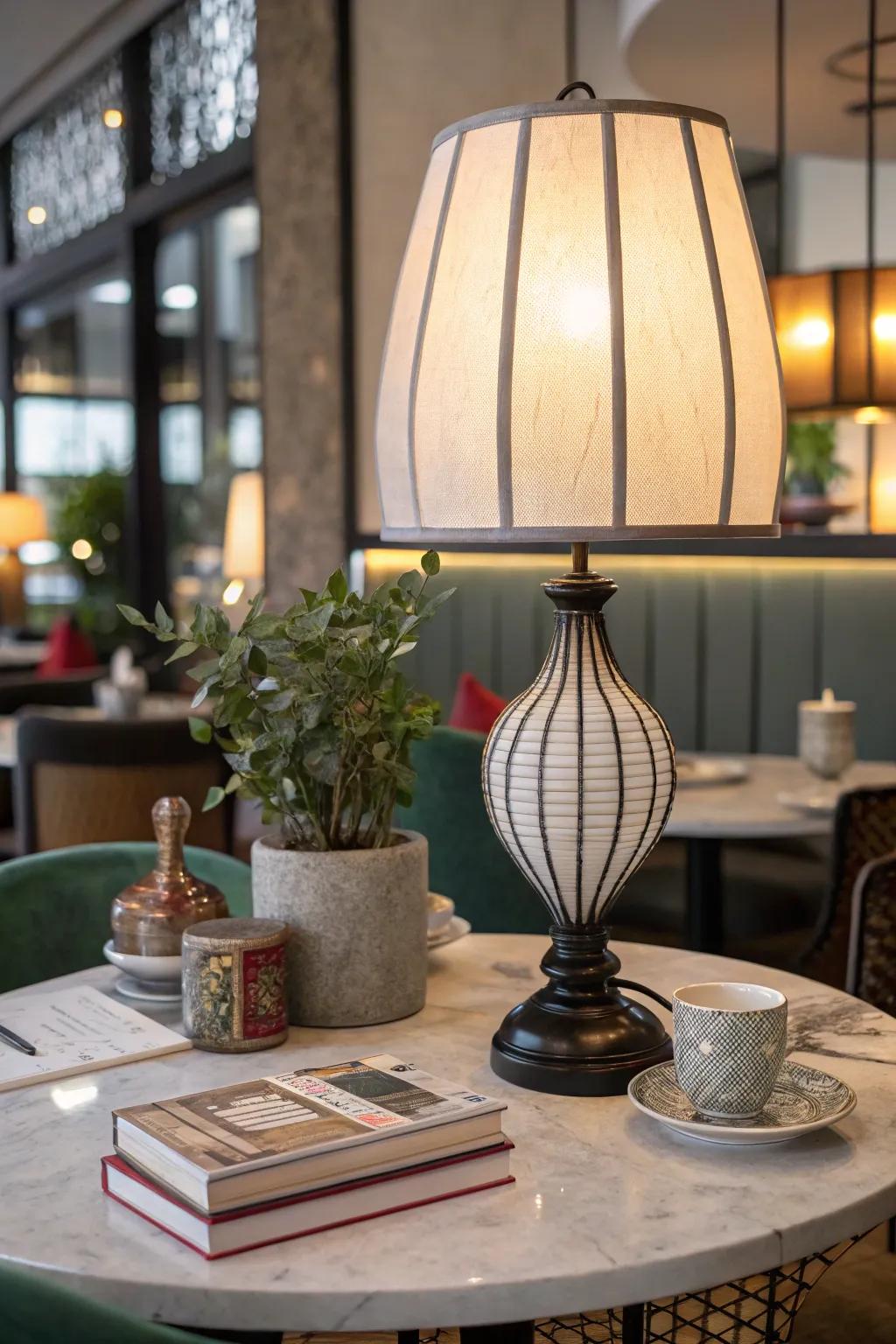 A modern reimagining of a lantern-style table lamp enhances a restaurant table, complemented by eclectic decor.