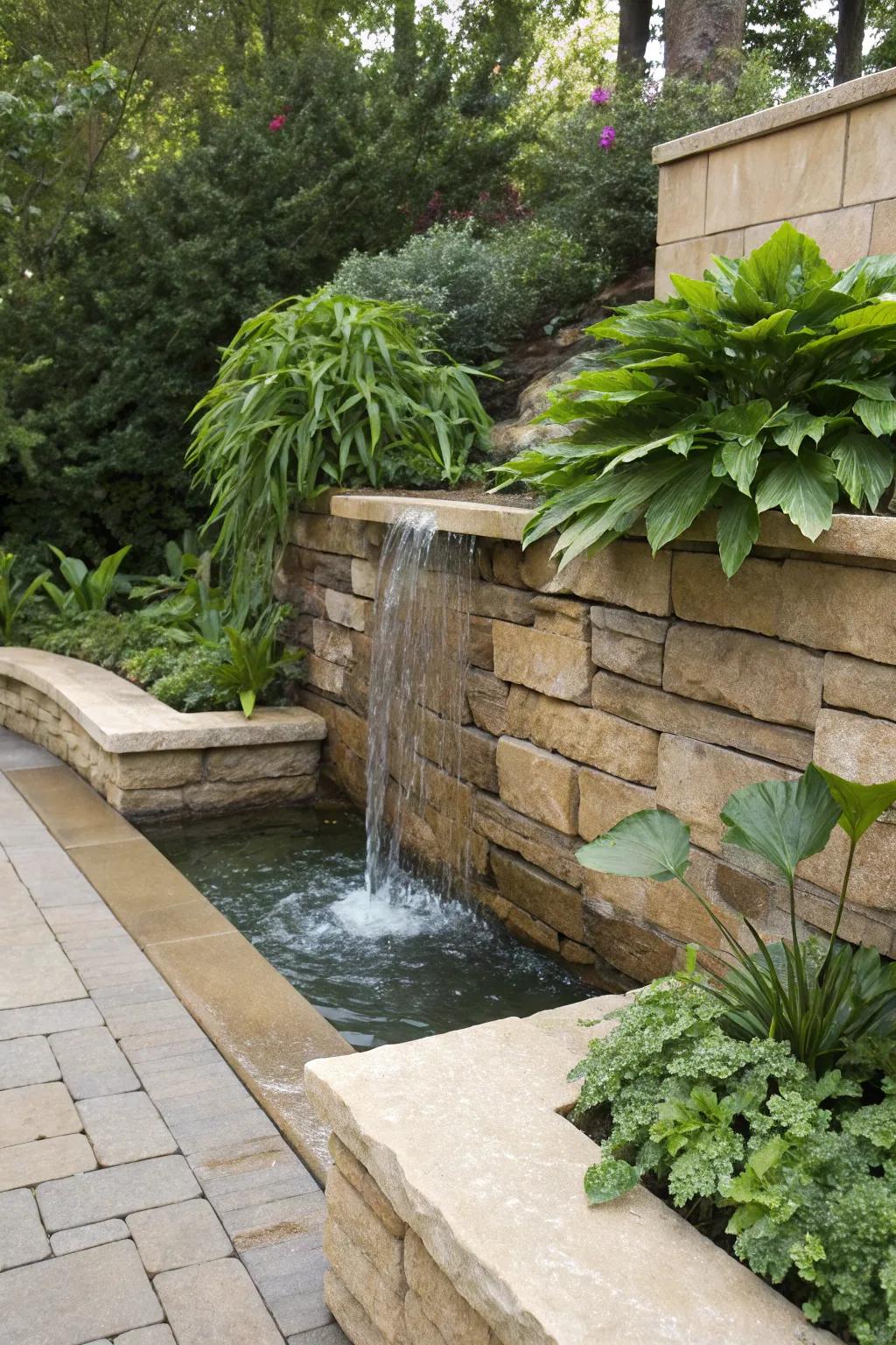 A cascade enriches walls with tranquility and visual interest.