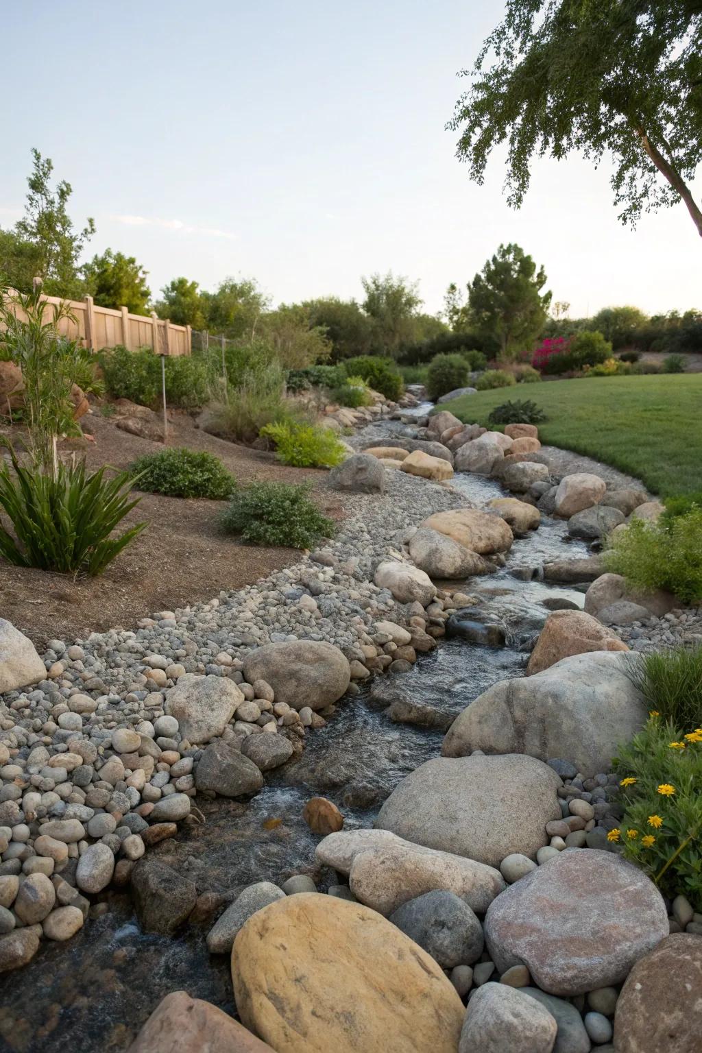 A dry streambed adds texture and utility to the garden.