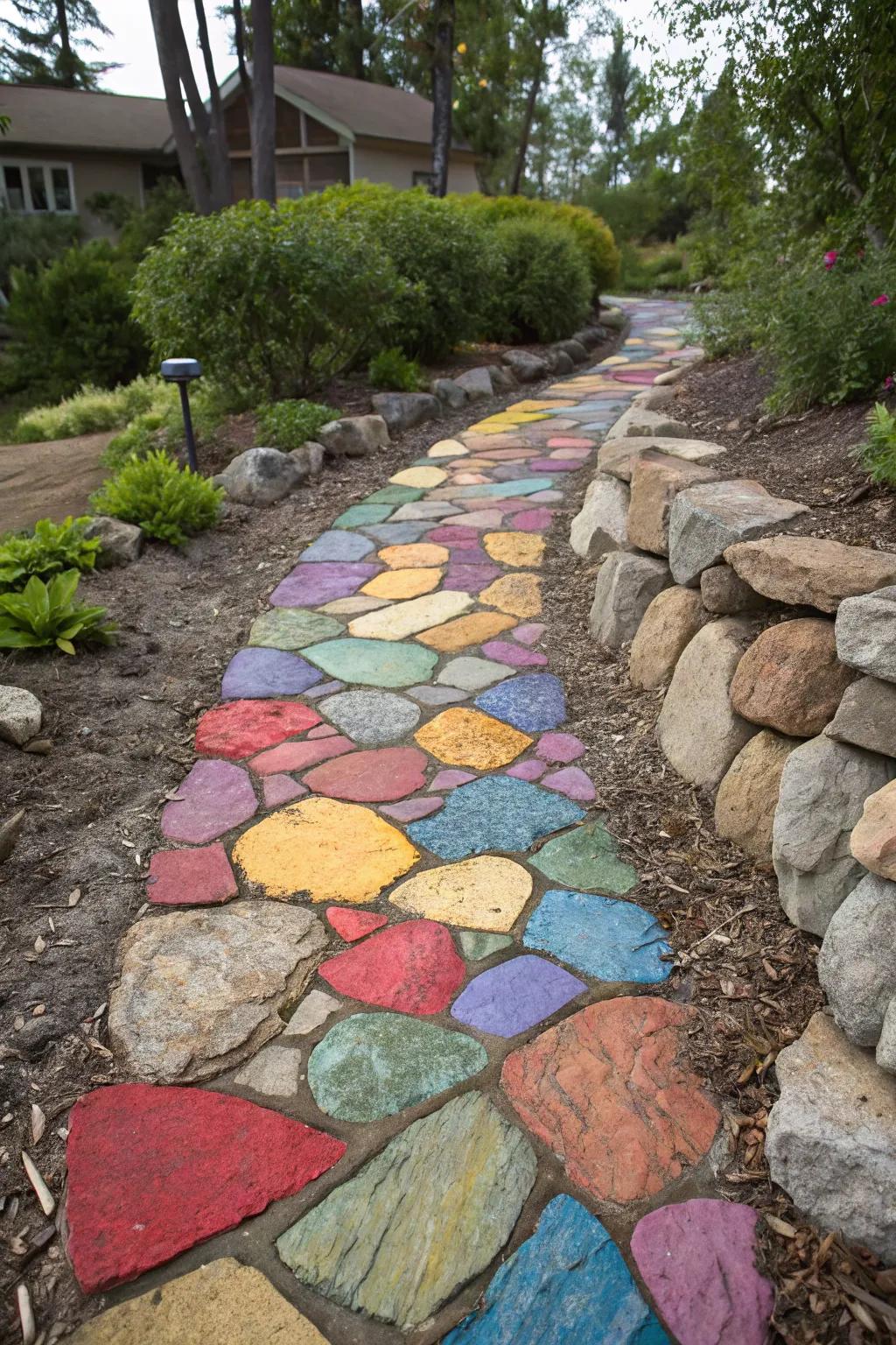 A patchwork of vibrant stones fashions a lively and captivating path.